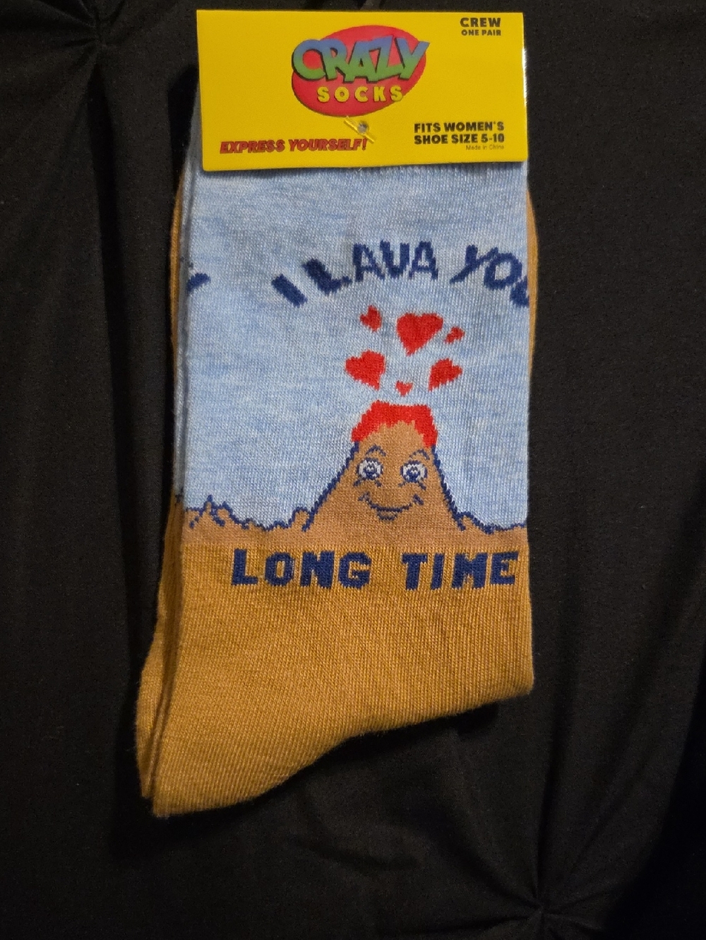 Crazy Socks "I Lava You Long Time" Volcano Crew Socks - Light Blue & Brown